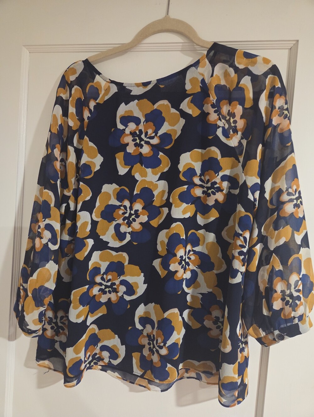 Cabi Floral Navy Blue & Mustard Long-Sleeve Women's Blouse